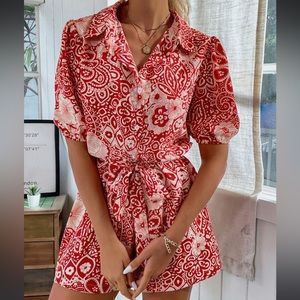 SHEIN Floral Print Belted Shirt Romper
